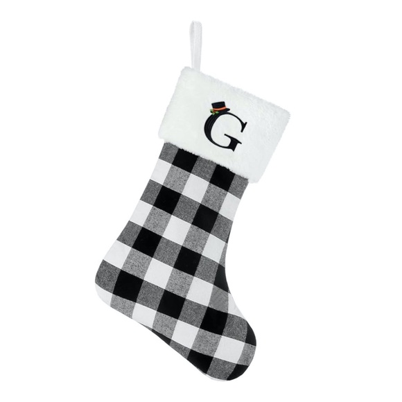 Christmas Stocking with G Initial, 20 Inch Black & White Buffalo Plaid Stocking - Picture 1 of 6